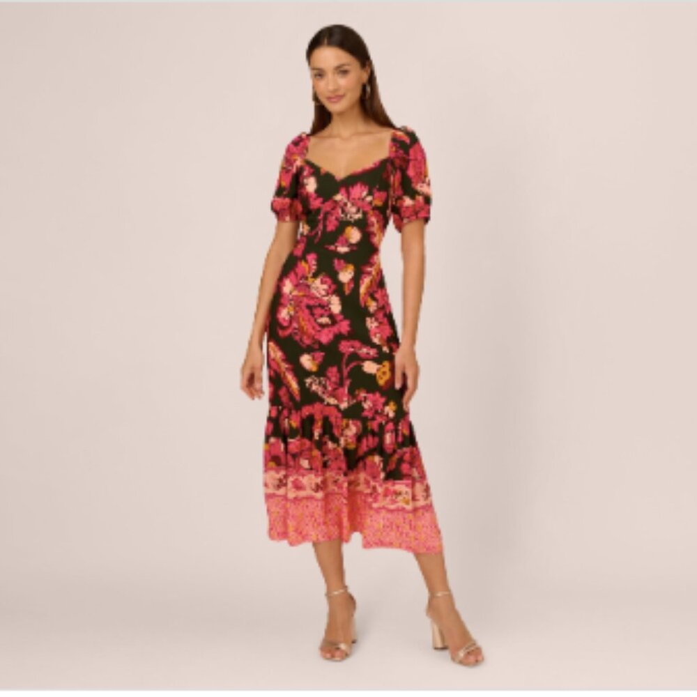 Adrianna by Adrianna Papell Women's Floral-Print Puffed-Sleeve Dress - Huntermlt
